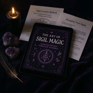May include: A black tablet with a pink and white cover that says "The Art of Sigil Magic: Manifestation Through Symbols". The tablet is surrounded by purple crystals, a black feather, and two pieces of paper with text about sigil creation and charging.