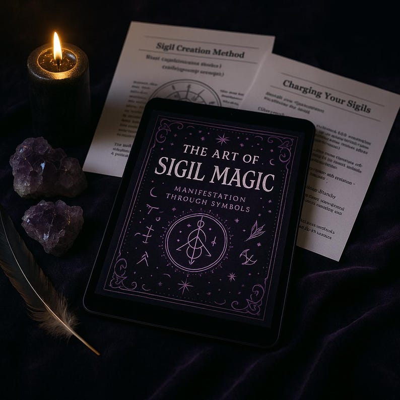 May include: A black tablet with a pink and white cover that says "The Art of Sigil Magic: Manifestation Through Symbols". The tablet is surrounded by purple crystals, a black feather, and two pieces of paper with text about sigil creation and charging.