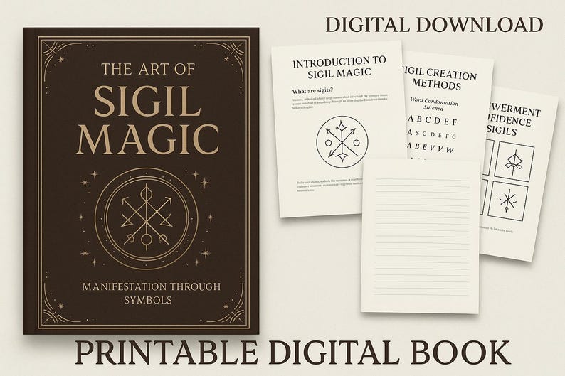 May include: A printable digital book titled "The Art of Sigil Magic" with a dark brown cover featuring a gold ornate frame and a sigil symbol. The book includes instructions on creating sigils and a printable worksheet.