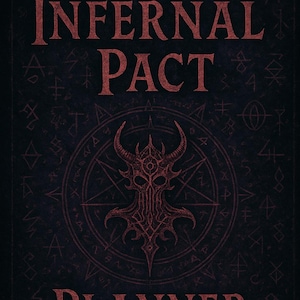 May include: A dark, textured book cover with the title "THE INFERNAL PACT PLANNER" in red, gothic lettering. A central illustration features a horned demon face within a pentagram, surrounded by arcane symbols.