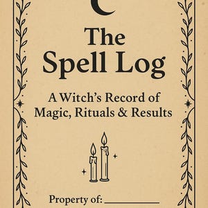 May include: A tan-coloured journal titled "The Spell Log" with black text and a crescent moon graphic. The cover includes the text "A Witch's Record of Magic, Rituals & Results" and a decorative border with leaves and stars. Two candles are also depicted.
