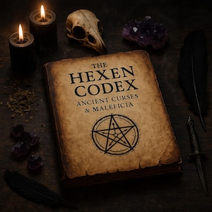 May include: An aged book, "The Hexen Codex: Ancient Curses & Maleficia", featuring a pentagram. The scene includes lit candles, a bird skull, amethyst crystals, a feather, and a small dagger, evoking a mystical atmosphere.