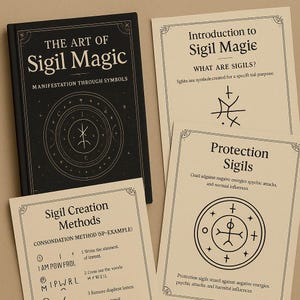 May include: A black book with gold lettering titled "The Art of Sigil Magic: Manifestation Through Symbols". The book cover features a sigil surrounded by a circle of stars. There are three additional cards with instructions on how to create and use sigils for protection.