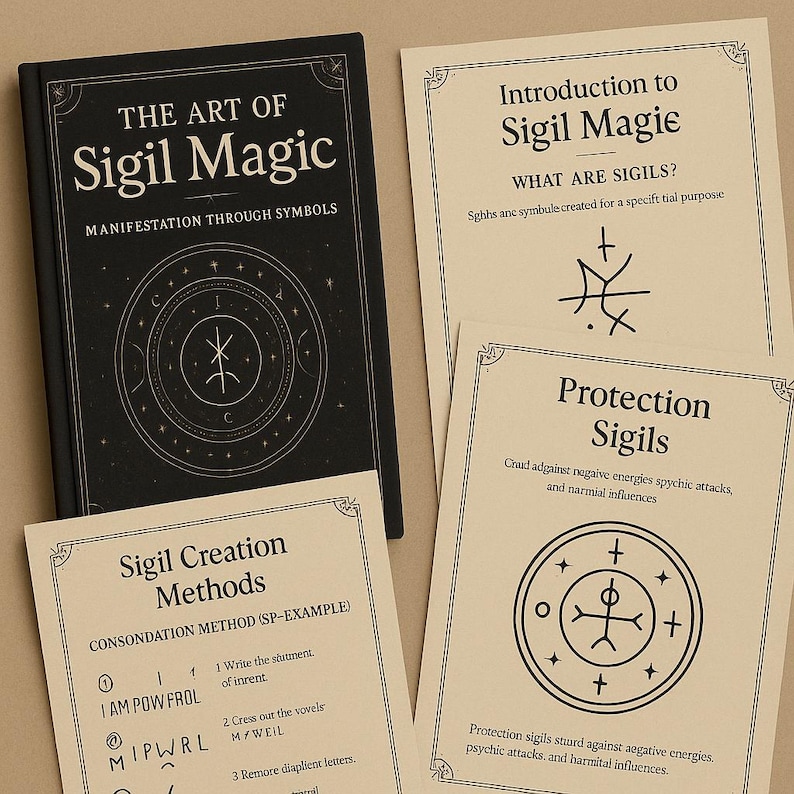 May include: A black book with gold lettering titled "The Art of Sigil Magic: Manifestation Through Symbols". The book cover features a sigil surrounded by a circle of stars. There are three additional cards with instructions on how to create and use sigils for protection.