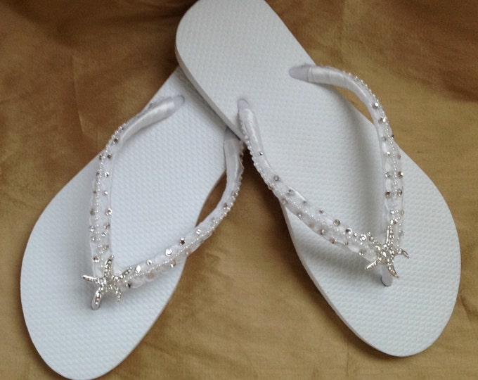 Bridal Flip Flops in White With Tropical Starfish Perfect - Etsy