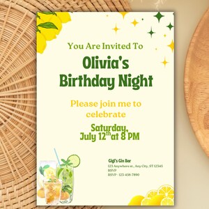Lemon, Gin and Cocktails Birthday Invitation - fully editable digital template Birthday