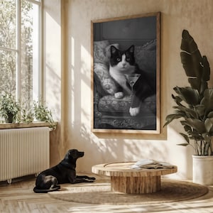 猫のマティーニアート、カクテルアート、タキシード猫のアート、猫の肖像画、バーの装飾、バーカートの装飾、美しいバーカートのプリント、ダーティーマティーニアート