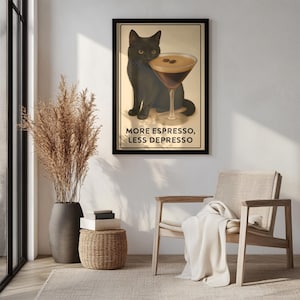 More Expresso Less Depresso Black Cat Wall Print, Coffee Cat Poster, Kitchen Art, Caffeine Addict Art, Coffee Bar, Unique Art, Black Cat Art