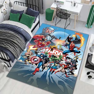 Spiderman Rug,Marvel Superheroes Rug,Game Room Rug,Super Hero Rug,Super Hero Logos,Hero Themed Kids Room Decor,Baby Room Rug Movie Rug,
