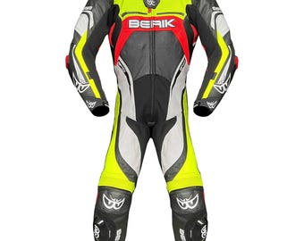 Tuta da moto professionale Berik 2.0 in pelle intera Ls1-9057 BK Nero Giallo Fluo Rosso Bianco