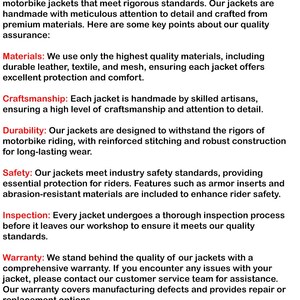 May include: Image of a document from Mean Rider Manufacturers, detailing quality assurance for motorbike jackets. The document highlights materials, craftsmanship, durability, safety, inspection, and warranty information. Contact info is provided.