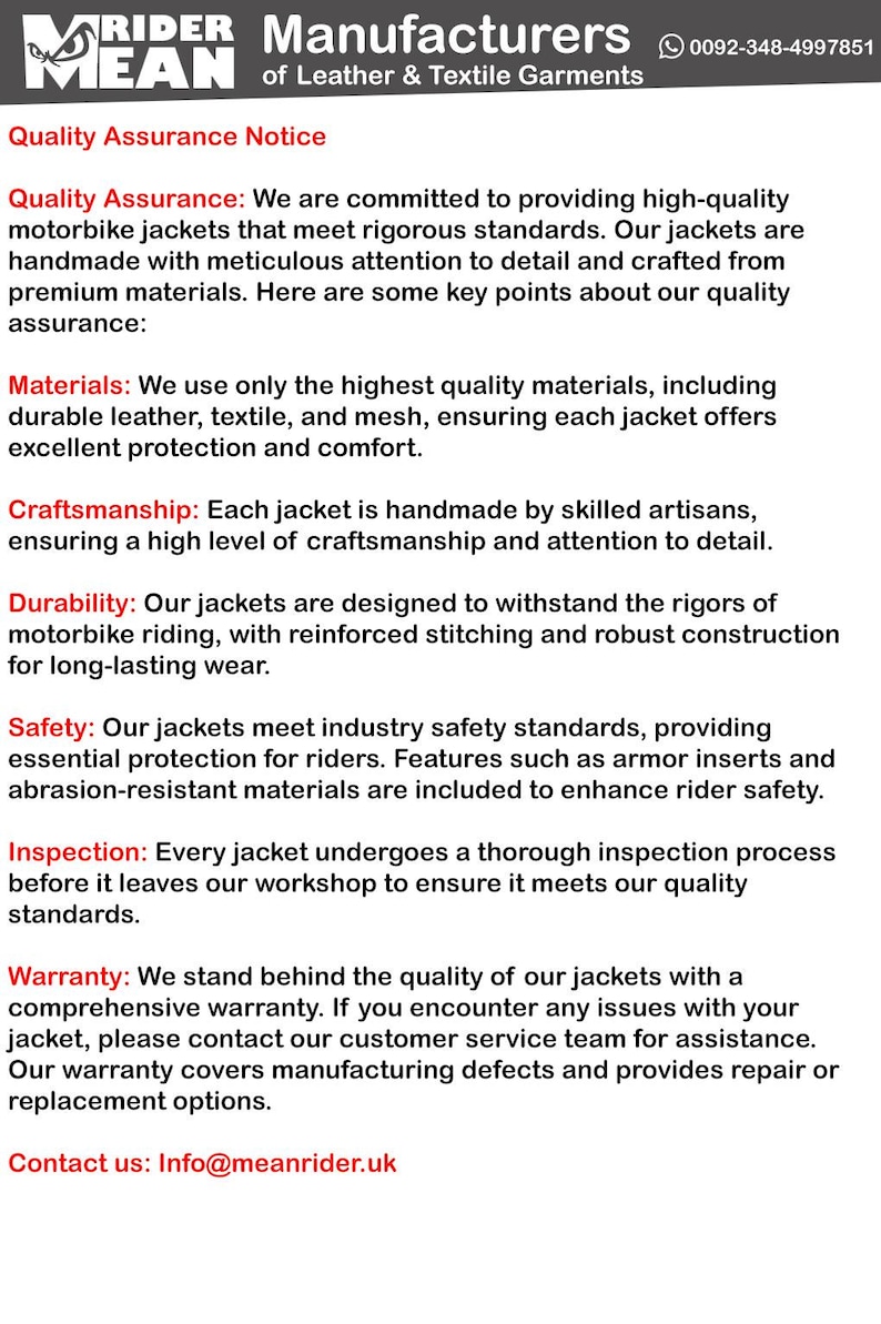 May include: Image of a document from Mean Rider Manufacturers, detailing quality assurance for motorbike jackets. The document highlights materials, craftsmanship, durability, safety, inspection, and warranty information. Contact info is provided.