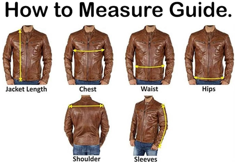 May include: A guide on how to measure a leather jacket. The image shows a brown leather jacket with yellow lines indicating where to measure: jacket length, chest, waist, hips, shoulder, and sleeves. The text at the top says "How to Measure Guide."