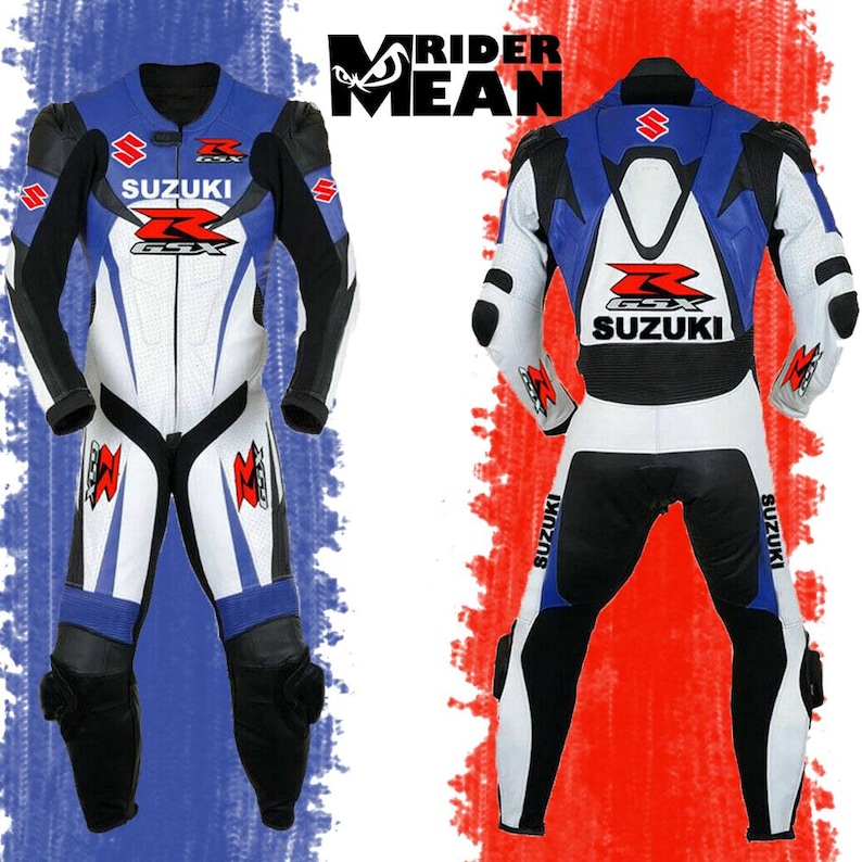 May include: A two-piece motorcycle racing suit in white, blue, and black, featuring Suzuki GSX branding. The suit has a streamlined design with protective padding on the shoulders, elbows, and knees. The front and back views are displayed.