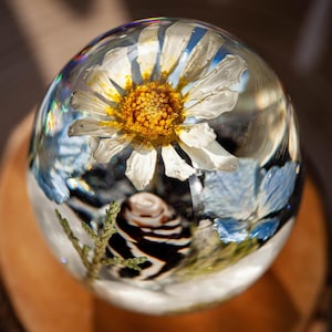 Handmade Resin Paperweight: Cedar, Hydrangea & Daisy Floral Egg