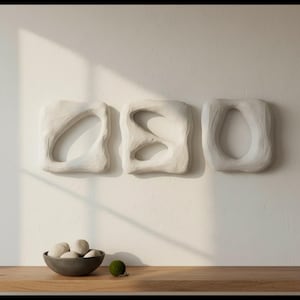 Textured Plaster Wall Sculptures Set of 3, Japandi Wabi Sabi Decor, Minimalist Gypsum 3D Art Panels, Abstract Stucco Interior Design Art