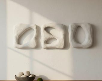 Textured Plaster Wall Sculptures Set of 3, Japandi Wabi Sabi Decor, Minimalist Gypsum 3D Art Panels, Abstract Stucco Interior Design Art