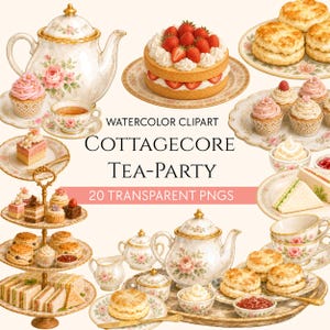Può includere: Una collezione di illustrazioni ad acquerello con una teiera floreale, una torta alle fragole, alzatine con scones, cupcake e tramezzini, e tazze da tè con piattini. Il testo recita WATERCOLOR CLIPART COTTAGECORE TEA-PARTY 20 TRANSPARENT PNGS.
