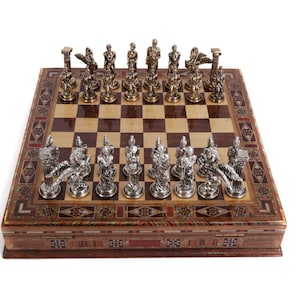 Vintage Chess Set with Storage Crusaders Ottomans – Handmade Medieval Metal Pieces & Wooden Board – Personalized Gift for Dad, Husband, Him