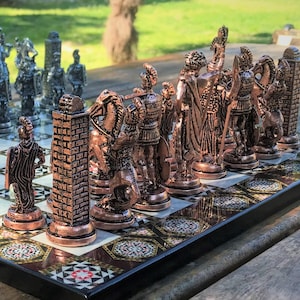 Decorative Antique Chess Set - Greek Mythology Pieces Handmade Wooden Board- Gift for Him, Dad, Birthday, Christmas, Collectors Décor