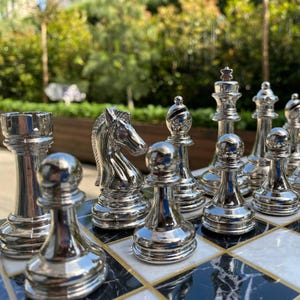 Classic Chess Set – Carved Brass Chessmen & Marble Wooden Chess Board 16.9&quot; | Handmade Gift for Dad | Christmas, Anniversary Gift