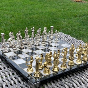 Vintage Chess Set - Mythology Pieces Handmade Marble Wooden Board- Gift for Him, Dad, Birthday, Christmas, Collectors Décor