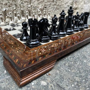 Luxury Chess Set – Carved Metal Chessmen & Solid Wooden Inlaid Chess Board | Handmade Gift for Dad | Christmas, Anniversary Gift