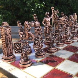 Antique Chess Set - Greek Mythology Pieces Handmade Wooden Board- Gift for Him, Dad, Birthday, Christmas, Collectors Décor