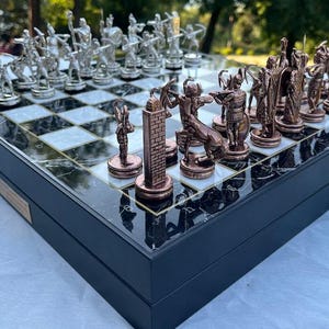 Luxury Premium Mythology Metal Chess Set – Handmade Vintage Chess Pieces with Wooden Chess Board – Personalized Gift