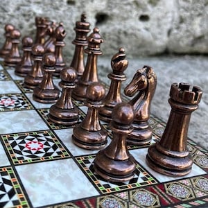 Classic Chess Set – Carved Bronze Chessmen & Mosaic Wooden Chess Board 16.9&quot; | Handmade Gift for Dad | Christmas, Anniversary Gift