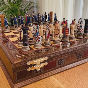Historical War-Themed Chess Set with Drawer – 15” Solid Wood Inlaid Crusaders Chess Board | Personalized Handmade Gift for Him, Dad, Friends
