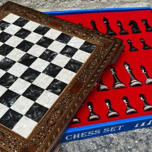 Luxury Chess Set – Carved Metal Chessmen & Solid Wooden Inlaid Chess Board | Handmade Gift for Dad | Christmas, Anniversary Gift