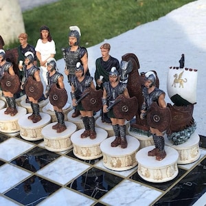 X-Large Chess Set Trojan & Sparta Chessmen with Wooden Chess Board 17&quot; | Luxury Handmade Set | Gift for Dad | Christmas Gift