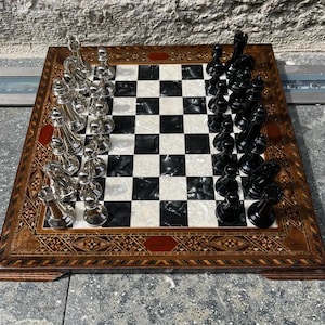 Luxury Classic Chess Set – Carved Metal Chessmen & Solid Wooden Inlaid Chess Board | Handmade Gift for Dad | Christmas, Anniversary Gift