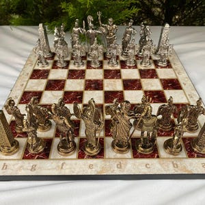 Handmade Greek Mythology Chess Set: Metal Figures, Wooden Board