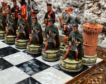 Luxury Camelot King Arthur Chess Set – Hand Painted & Handmade Inlaid Solid Board | Gift for Dad, Husband, Christmas, Anniversary