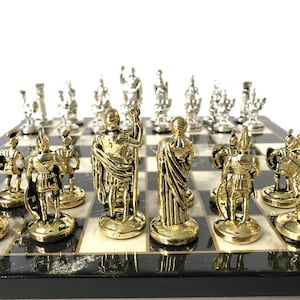 Vintage Chess Set - Handmade Marble Wooden Board & Roman Empire Pieces - Gift for Him, Dad, Birthday, Christmas, Collectors Décor