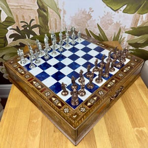 Large Crusaders vs Ottomans Chess Set with Storage – Handmade Medieval Metal Pieces & Wooden Board – Personalized Gift for Dad, Husband