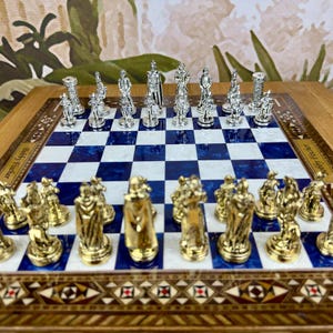 Handmade Medieval British Empire Chess Set: Inlaid Wooden Board, Metal Chessmen