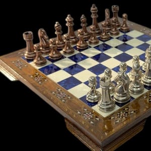 Luxury Chess Set – Carved Metal Bronze Chessmen & Solid Wooden Inlaid Chess Board | Handmade Gift for Him| Christmas, Anniversary Gift