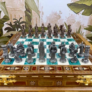 Luxury Medieval Mythology Chess Set with Storage – Handmade Wood Board & Metal Pieces – Personalized Gift for Dad, Husband, Boyfriend