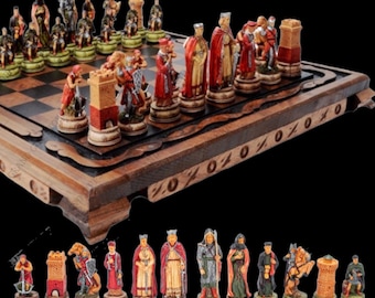 Camelot Chess Set – Hand Painted Chessmen & Handmade Vintage Chess Board | Gift for Dad, Husband, Christmas, Anniversary
