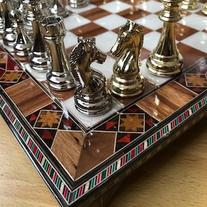 Handmade Inlaid Wood Chess Set: Metal Chessmen, Customizable Colors