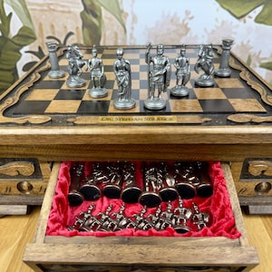 Vintage Chess Set with Storage Drawer Roman Empire Walnut Wooden Chess Board & Metal Pieces – Luxury Handmade Gift for Him, Dad, Anniversary