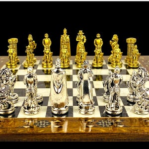 Handmade Medieval Chess Set: British Empire Metal Pieces & Mosaic Board
