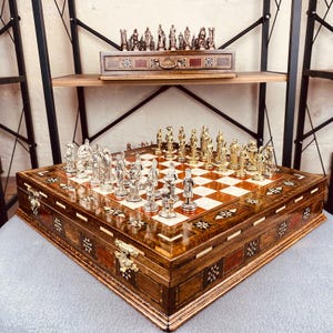 Vintage Chess Set with Storage - Handmade Greek Mythology Olympus Gods Metal Pieces & Inlaid Wooden Board - Gift for Him, Dad, Birthday
