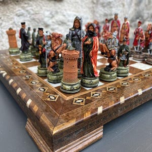 Luxury Chess Set – Hand Painted Camelot King Arthur & Handmade Inlaid Solid Board | Gift for Dad, Husband, Christmas, Anniversary