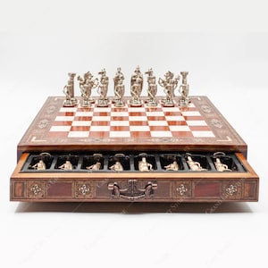 Large Crusaders Ottomans Chess Set with Storage – Handmade Medieval Metal Pieces & Wooden Board – Personalized Gift for Dad, Husband, Him