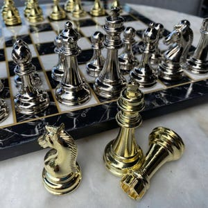 Metal Chess Set – Carved Brass Chessmen & Marble Wooden Chess Board 16.9&quot; | Handmade Gift for Dad | Christmas, Anniversary Gift
