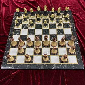 Handmade Metal Chess Set: Weighted Chessmen, Wooden Board (16&quot;)